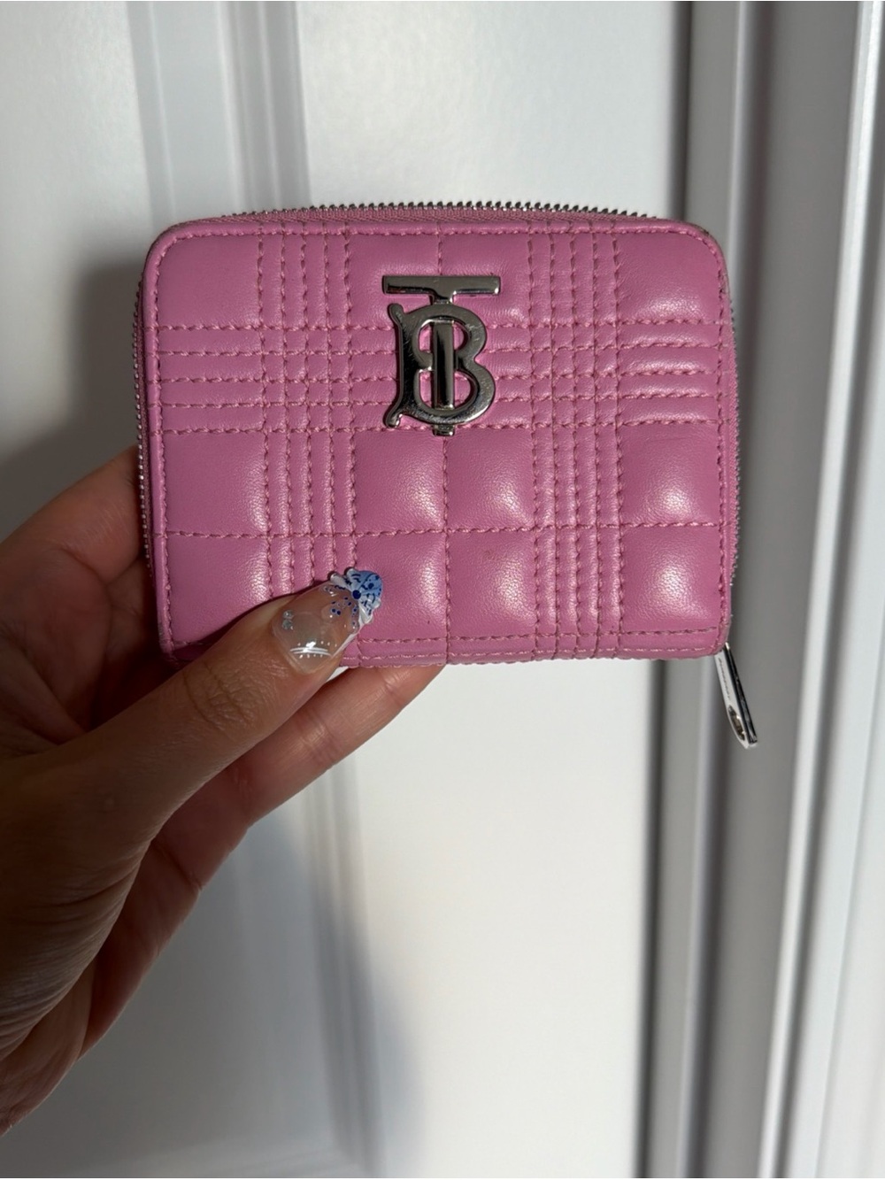 Burberry Pink Quilted TB Zip-Around Compact Wallet